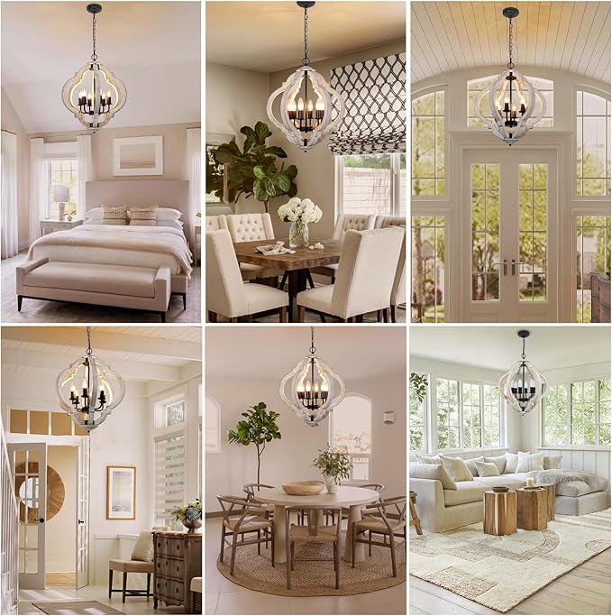 6-Light White Farmhouse Chandelier, French Country Rustic Wood Light Fixture for Dining Room, Kitchen Island, Bedroom, Entryway, Living Room