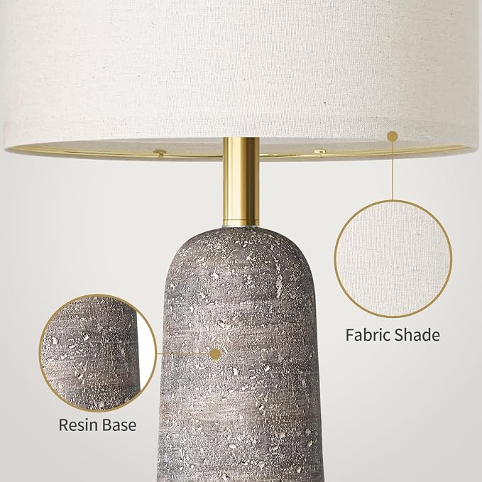 BOBOMOMO 27.25" Modern Table Lamp Set of 2, Light Grey Resin Table Lamps with Stone Look, Lamps for Living Room with Linen Shades, Bedroom Nightstand Lamps, Table Lamps for Living Room End Tables
