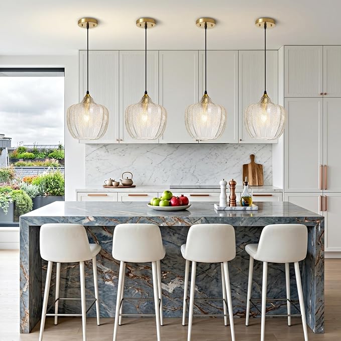Clear Glass Pendant Lights Kitchen Island 2 Pack Gold Hanging Ceiling Light | 9.45" Adjustable Height, Dimmable, E26 bulbs, Rust-resistant Damp Rated For Bathrooms, 5-Year Warranty, UL Certification