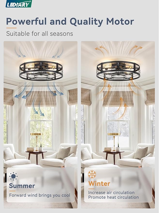 LEDIARY 23" Caged Ceiling Fan with Light and Remote, Low Profile Flush Mount Fandelier, Black Bladeless Enclosed Small Fan Lights Ceiling Fixtures, Rustic Farmhouse Style for Bedroom, Outdoor