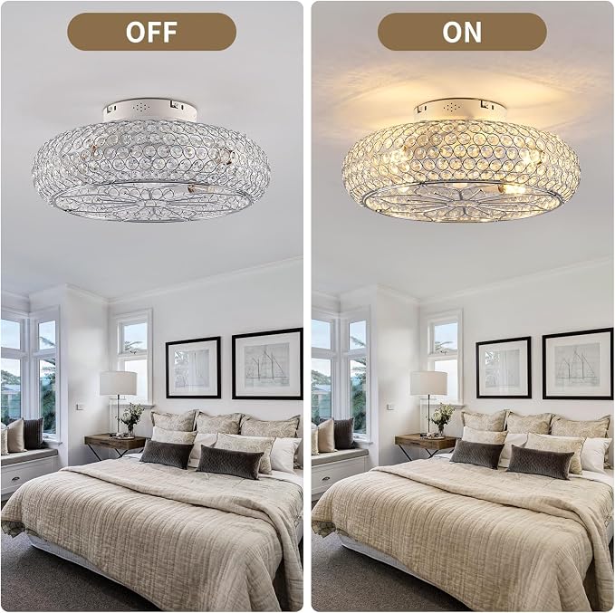 20" Crystal Ceiling Fan with Lights - Enclosed Bladeless Design, Reversible DC Motor & Remote, 6-Speed Quiet, Flush Mount Low Profile Electroplated Mirror Finish, for Bedroom/Living Room