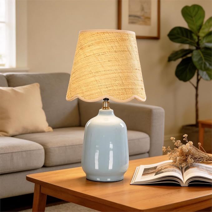 19" Modern Ceramic Table Lamp for Living Room Light Bule Base Desk Lamps for Bedroom Farmhouse Bedside Nightstand Lamp End Table Lamps,Sky Bule,Rattan Shade