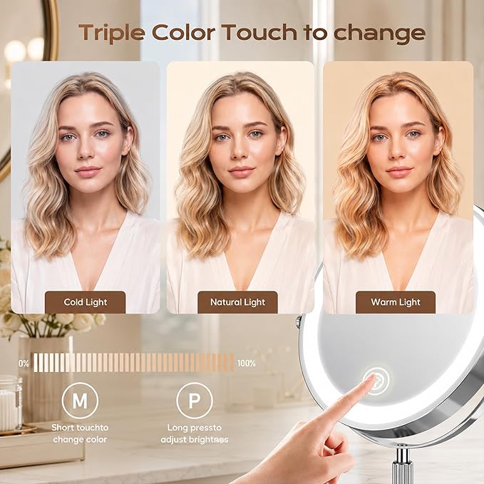 Dienmern Lighted Makeup Mirror, 1X/20X Magnifying Vanity Mirror with Lights | Double-Sided, 5000mAh Rechargeable, Adjustable Brightness, 3 Colors, 360° Rotation, for Dorm, Room, Women Gift