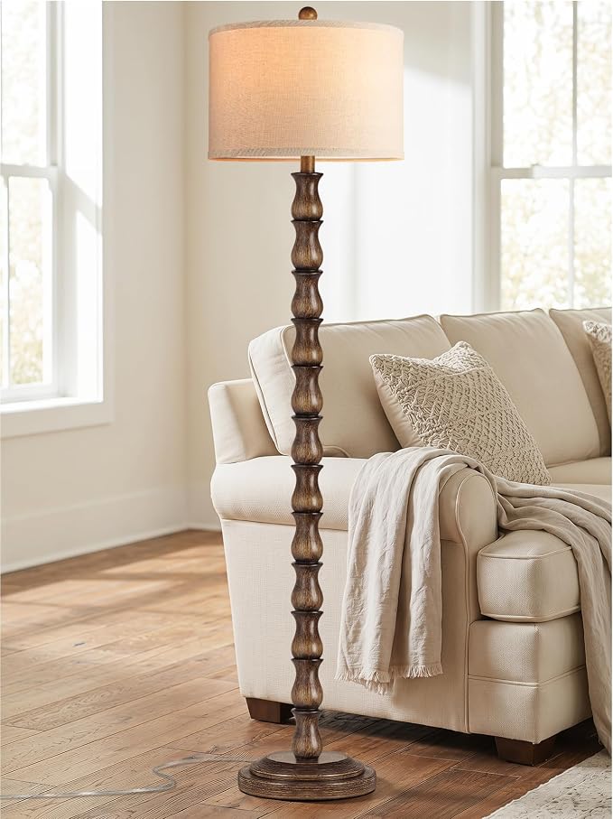 63.5" Rustic Floor Lamp for Living Room, Farmhouse Floor Lamp with Rotary Switch & Linen Shade, Vintage Resin Tall Standing Lamp for Bedroom Corner Office Home Decor, Dark Brown (LED Bulb Included)