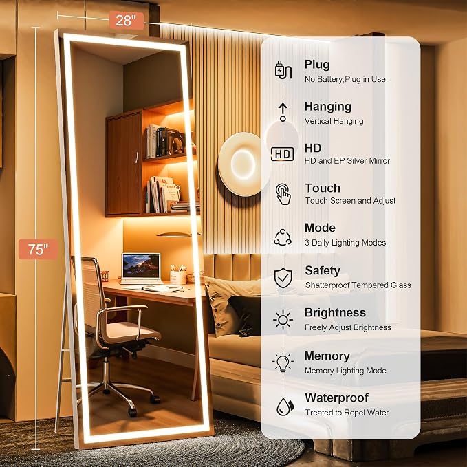 75" x 28" Full Length Mirror with Lights, LED Lighted Floor Standing Body Mirror, Dimmable & 3 Color Lighting for Bedroom, Cloakroom, Dressing Room, Tempered Glass, White Frame