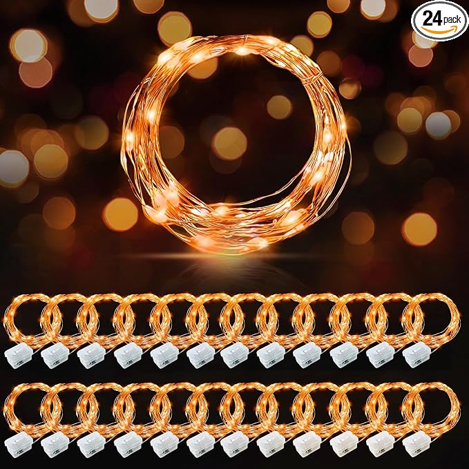 AIKEI 24 Pack LED Fairy Lights Battery Operated, Orange Thanksgiving Mini String Lights Waterproof 7ft 20 Led Firefly Starry Lights for Wedding Party Bedroom Garden Christmas Decoration Orange