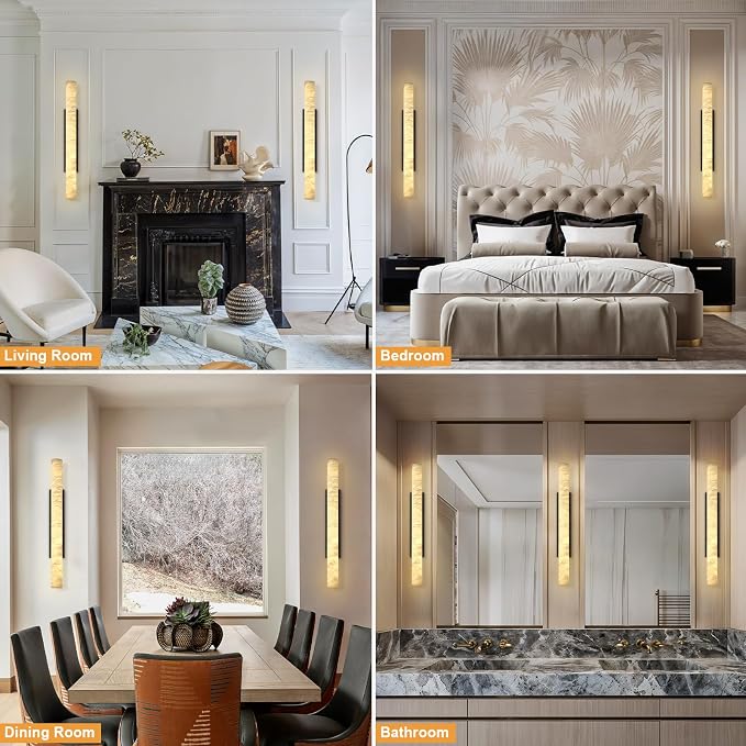 Natural Alabaster Wall Sconces, 36" Large Bronze Wall Sconce, Modern Gold LED Sconces, Cylinder Spanish Marble Sconce Perfect for Living Room, Bedroom, Hallway, Stairs