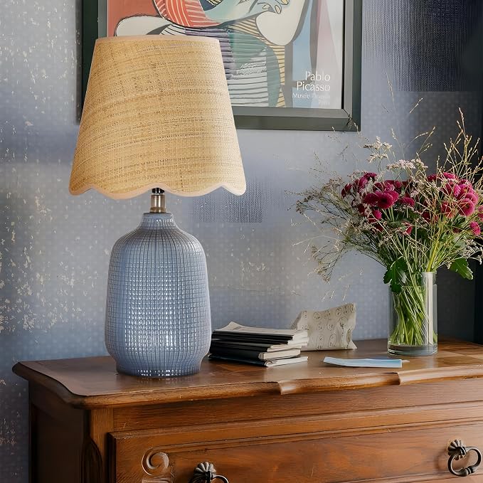 Set of 2 19" Modern Ceramic Table Lamp for Living Room Gray Blue Base Desk Lamps for Bedroom Farmhouse Bedside Nightstand Lamp End Table Lamps,Bule,Rattan Shade