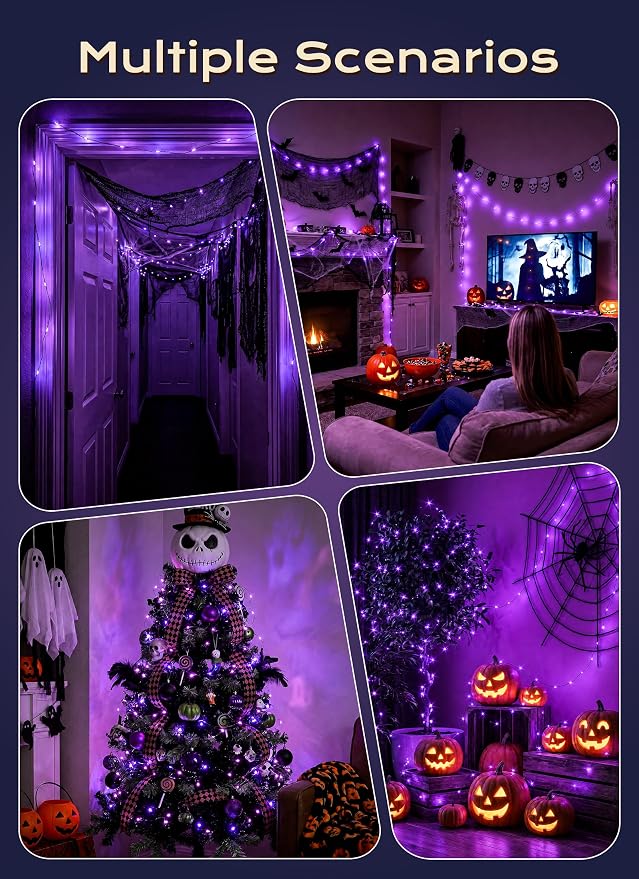Halloween Fairy Lights Plug in, 33Ft 100LEDs Purple Fairy Lights, Waterproof Flexible Black Wire String Lights for Bedroom Home Party Ghost Haunted House Indoor Outdoor Halloween Decorations, Purple