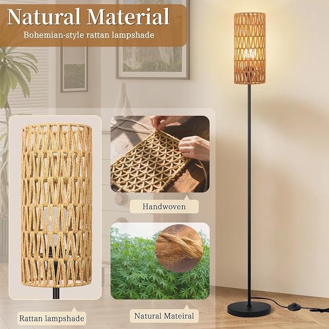 Ruiever Floor Lamp for Living Room,Farmhouse Rattan Floor lamp,Modern Standing lamp with Hand-Worked Rattan Shade,Black Tall Lamp with Foot Switch for Bedroom,Kids Room,Office,LED Bulb is Included.