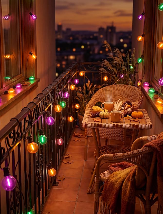 LED Outdoor String Lights 25Ft Orange Purple and Green Halloween Lights Outdoor with 27 Shatterproof LED Globe Bulbs, Connectable Halloween Decorations Lights for Home Patio Garden Christmas Party