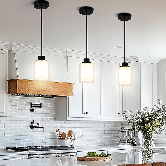 1-Light Mini Pendant Light Fixtures, 3-Pack Modern Hanging Ceiling Lighting, Adjustable Height, Black Pendant Lamp with Dual Glass for Kitchen Island Bedroom