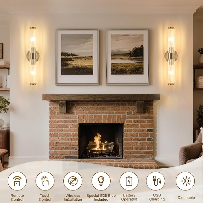Morauroral Sand Nickel Battery Operated Wall Sconces Set of Two, Rechargeable Wall Sconce with Dimmable Remote Control, 20 Inch Wireless Sconce Wall Light for Bedroom, Living Room (Bulbs Included)