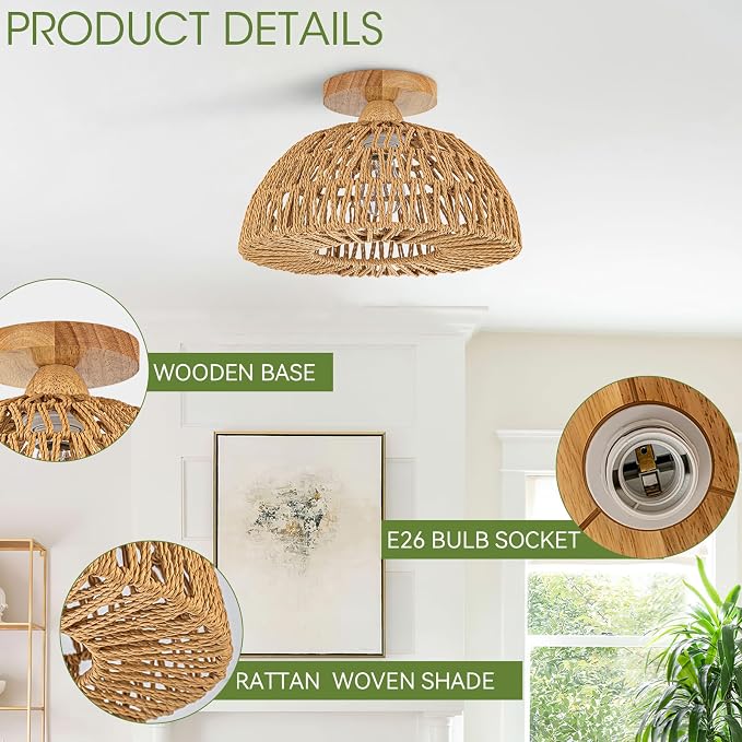 Boho Ceiling Light Fixtures,Rattan Light Fixture,Small Boho Chandelier Hand Woven Ceiling Light with Wooden Base,Rattan Flush Mount Ceiling Lights for Bedroom Hallway Kitchen Entryway Nursery