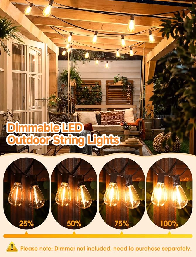 25FT LED Outdoor Patio String Lights, 10+1 Edison S11 Bulbs, Brown | Plug in, Dimmer not included, Dimmable, Waterproof, Shatterproof, Connectable Hanging Lights for Cafe Party Fence Decor