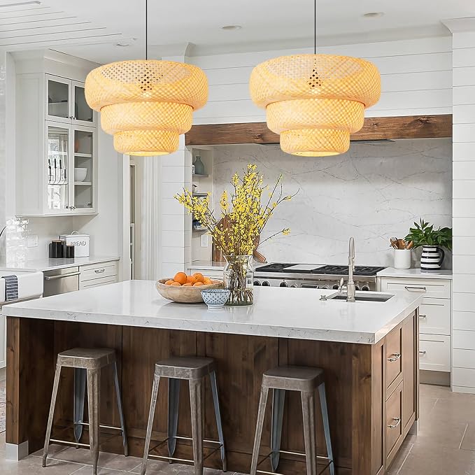 18.5" Bamboo Pendant Light,Rattan Chadelier | Hand-Woven Bamboo Rattan Chandelier Shade for Dining Living Bedroom Kitchen Farmhouse 1-Pack