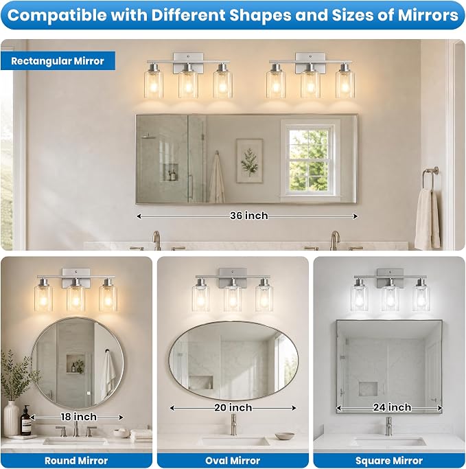 Ascher 3 Light Bathroom Light Fixture, Brushed Nickel Bathroom Lighting Fixtures Over Mirror, Vanity Light with Clear Glass Shade, Wall Sconce for Living Room Bedroom Cabinet, E26 Base