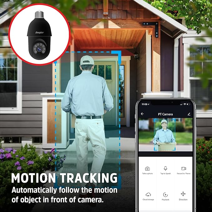 Energizer Smart Socket Camera 3-Pack, 2K QHD Outdoor Light Bulb Security Camera, 5GHz/2.4GHz, Pan & Tilt Auto Motion Tracking, 2-Way Audio, Night Vision, Recording, Voice Control with Alexa & Google