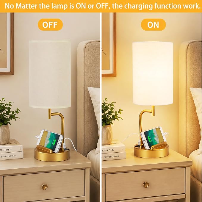 Dreamholder Touch Control USB Table Lamp with USB C/A & AC Outlet, 3-Way Dimmable Bedside Lamp, Modern Nightstand Lamps for Bedroom Living Room Guest Room Office, Bulb Included, Gold