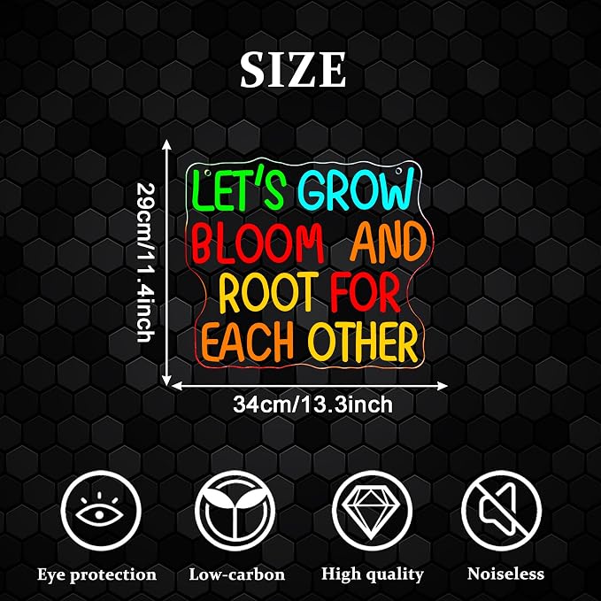 Lets Grow Bloom And Root For Each Other Wall Art Hanging Neon SIign Boho Classroom Neon Light Wall Decor for Classroom Poster Homeschool Therapy Office Playroom Decor Motivational Inclusive Class(13.3*11.4in)