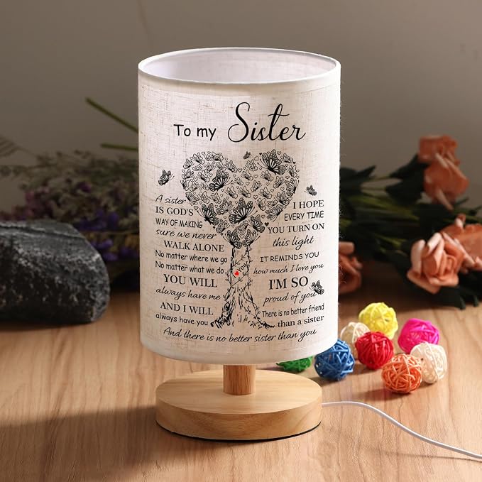 WSYEAR Sister Birthday Gifts, Mothers Day Gifts for Sisters Fabric Lamp, Sister's Gift from Sisters Table Lamp with Wooden Stand, Anniversary Wedding Gift for Sister