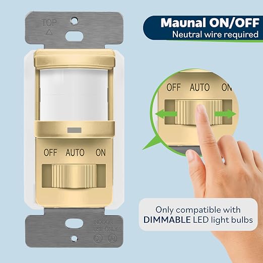 TOPGREENER in Wall PIR Motion Sensor Light Switch, Need Neutral Wire, Gold | Occupancy Sensor Switch, On/Off Override, Single Pole, 4A/500W, Motion-Activated Switch Wall Plate Included,UL-listed,1 Pack