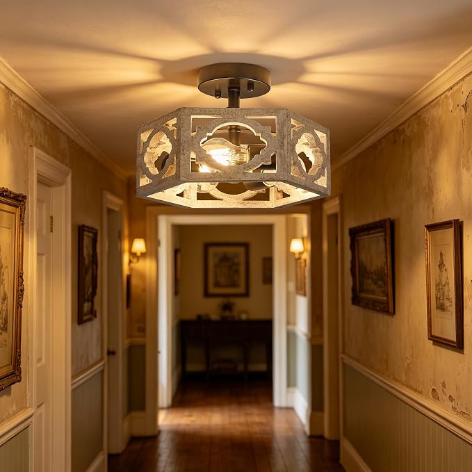 Farmhouse Semi Flush Mount Ceiling Light,Distressed White Hexagon Rustic Carved Wood Fixture for Kitchen Bedroom Hallway Dining Room Entryway,Close to Ceiling Light Fixtures,3-Light
