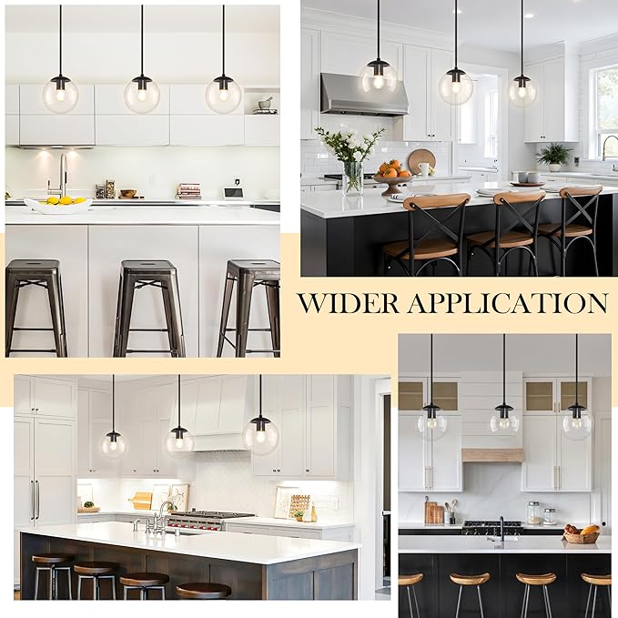 8" Globe Pendant Light Black 2 Pack Mid Century Pendant Light Globe Pendant Lights Kitchen Island Matte Black Finished with Clear Glass Adjustable Ceiling Light Fixtures for Dining Room Bar