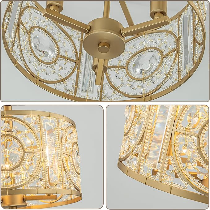 Semi Flush Mount Chandelier for Dining Room, 3-Lights Vintage Crystal Round Chandelier, Gold Retro Semi-Flush Mount Ceiling Lights Fixture for Living Room Bedroom Kitchen Hallway Foyer