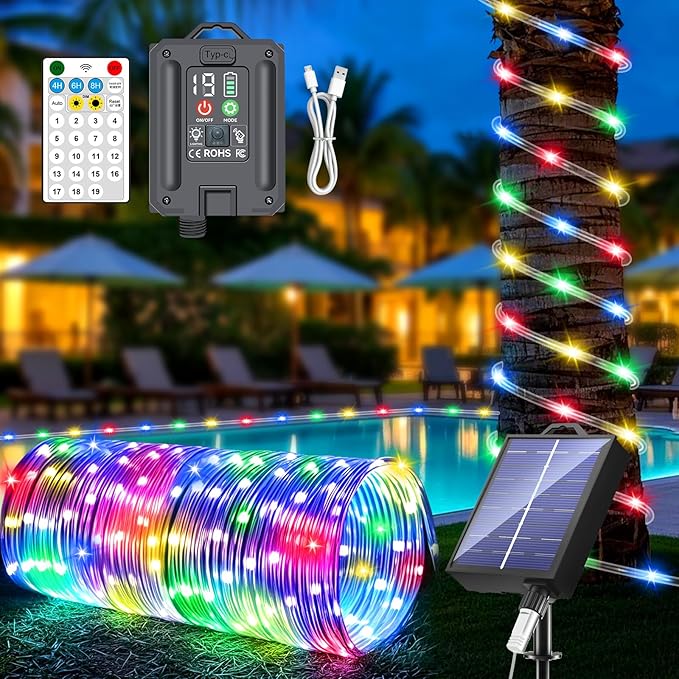 New Upgraded Solar Rope Lights Outdoor Waterproof 105ft 300 LED Solar String Lights with Remote Timer Dimmable 19 Modes Christmas Lights for Pool Yard Outside Patio Xmas Tree Decor (300LED-Multicolor)