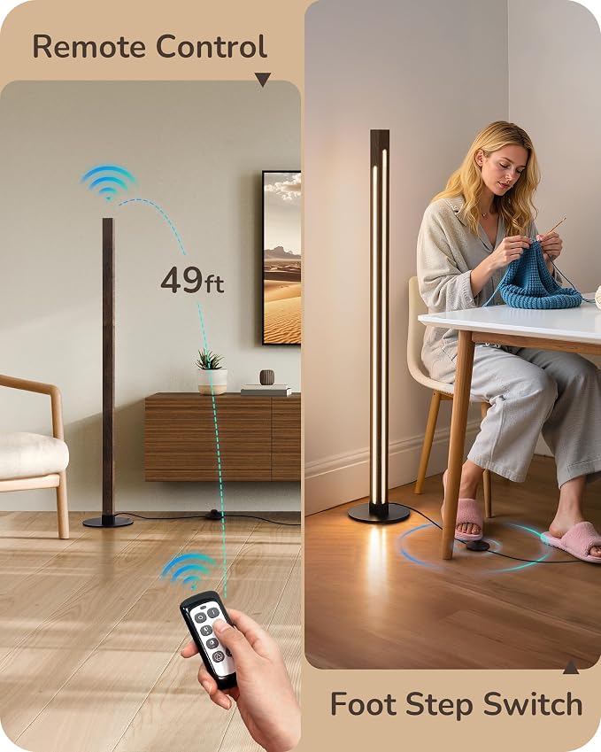 EDISHINE Wooden Corner Lamp with Remote, Dual Lighting, 7CCT & Dimmable | Foot Switch, Night Light Mode, Memory Function, Standing Lamp for Bedroom, Office, Natural Wood