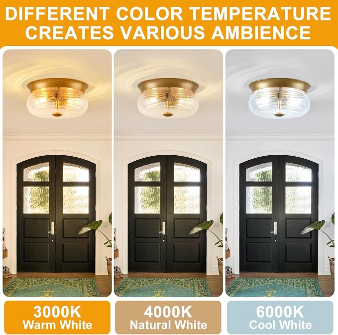 Gold Flush Mount Ceiling Light Fixtures, 2-Light Ceiling Mount for Modern with Clear Air Bubble Glass Shade, Industrial Flush Mount Light Fixture Farmhouse for Hallway Kitchen Bedroom Entryway Foyer