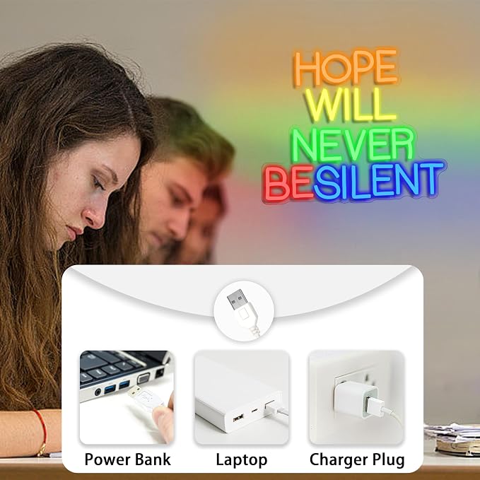 Hope Will Never Be Silent Neon Sign Usb Powered Colorful Rainbow Neon Light Dimmable Motivational Letter Light Up Sign for Bedroom Office Gym Classroom Party Church (14.96 * 12.6 in)