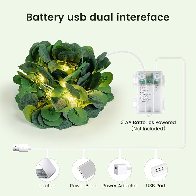 HEYFUNi 23FT Eucalyptus Garland with Fairy Lights, USB & Battery | 73 Leds, Timer & Memory & 8 Modes, Greenery Eucalyptus Leaf Vine Lights For Bedroom, Wall, Wedding, Party, Summer Dorm Decor