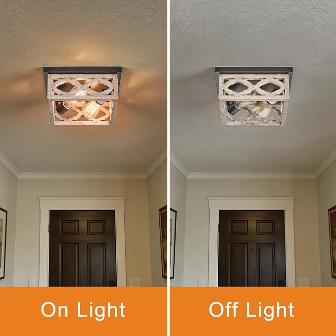 Farmhouse Flush Mount Ceiling Light, 10.5” Square Vintage Rustic Distressed White & Matte Black, MDF Shade Fixture for Livingroom, Bedroom, Kitchen, Hallway, Entryway, 2-Light E26