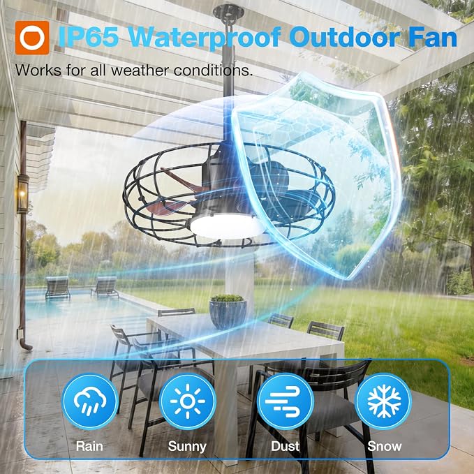 addlon 20" Outdoor Ceiling Fan with Light for Patio, IP65 Plug in Caged Fan | Waterproof, Hanging Hook, Reversible DC Motor, 6 Speeds, Remote Control, Quiet Operation, Timer, for Gazebo, Patio, Porch