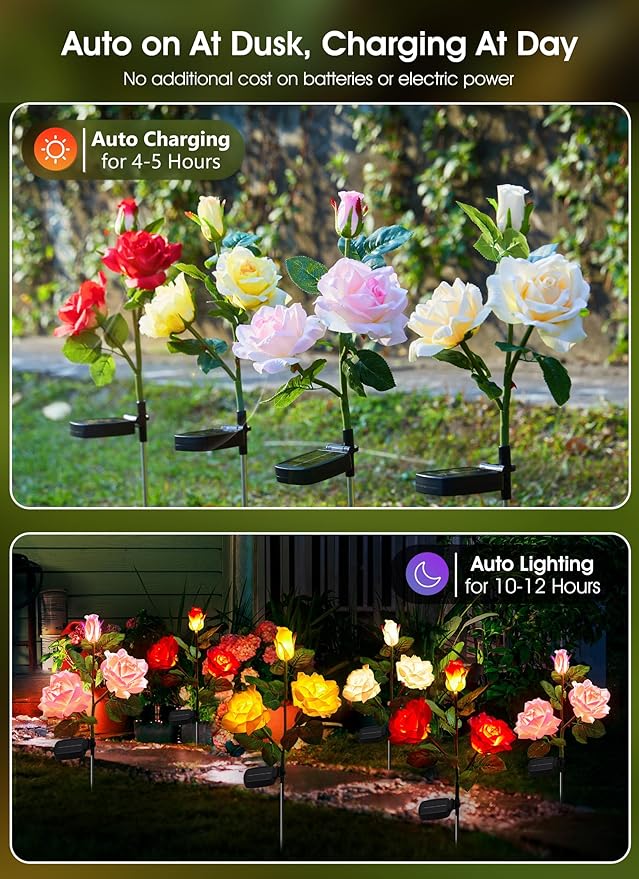 Brightown Solar Garden Lights, 4 Pack LED Rose Flower Lights Waterproof | Larger & Realistic Rose, Bigger Solar Panel, Waterproof Solar Lights Outdoor for Yard Garden Lawn Pathway Decorations