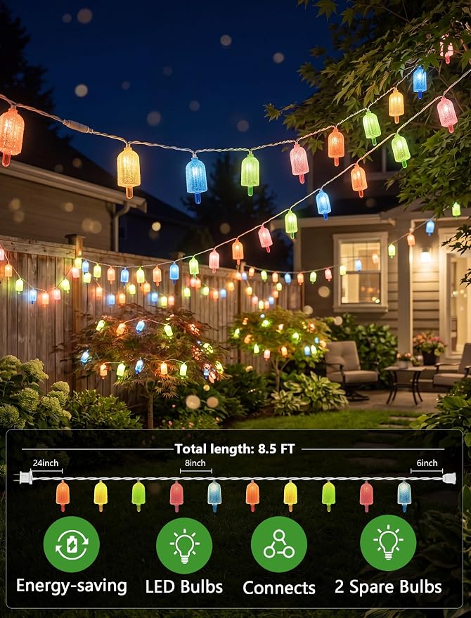 Tropical Beach Themed LED Popsicle String Lights 8.5Ft Summer Novelty Decorations Light with 10 Multicolor Ice Cream Lights, Plug in Fairy Light for Outdoor Patio Garden Bedroom Tent Birthday Party
