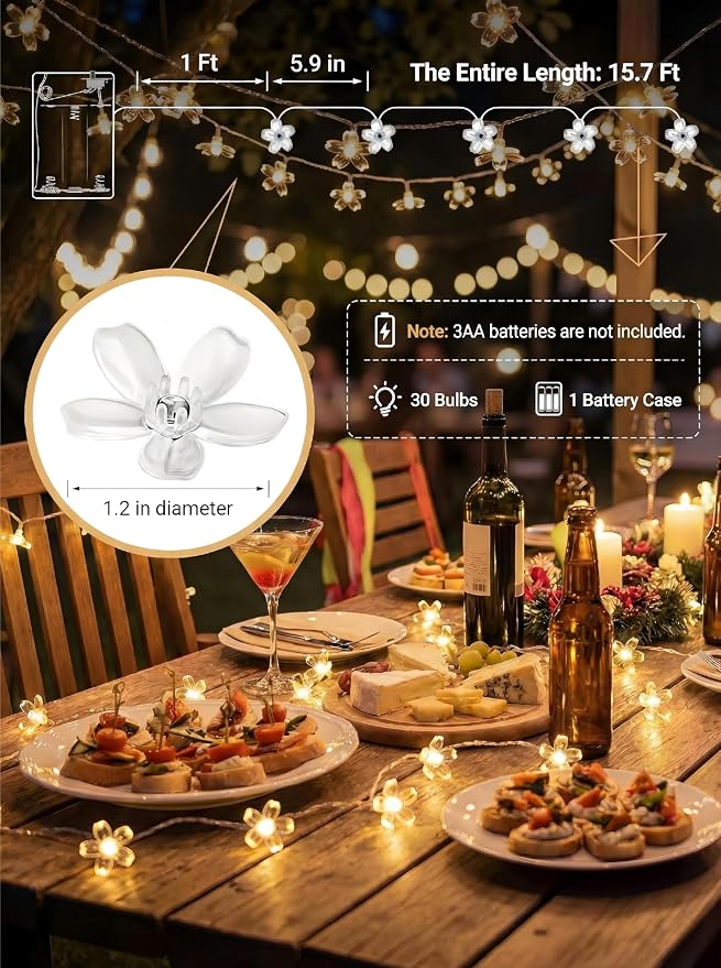 Flower Battery Operated Indoor String Lights 30L Cherry Blossom Fairy Light | Waterproof Outdoor Party Birthday Wedding Room Camping Graden Home Orange