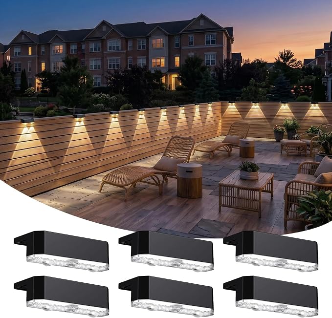 6 Pack Solar Fence Lights Outdoor, Railing Light Solar Powered, IP65 Waterproof Led Deck Solar Lights for Outside Backyard Balcony Porch, Warm White