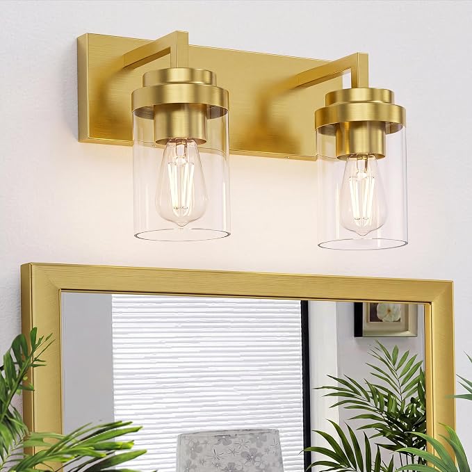 Bathroom Vanity Fixtures, 2 Light Matte Gold Vanity Light with Clear Glass Shade, 15in Farmhouse wall Light, Lighting Fixture Over Mirror for Bathroom
