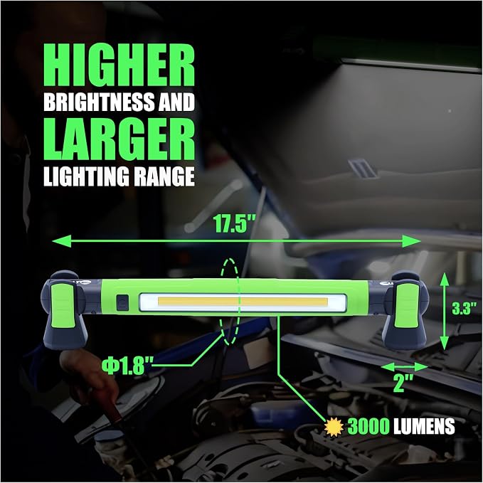 Magnetic Work Light - 3000LM Rechargeable LED Work Light Bar, 5200mAh Under Hood Mechanic Light for Garage, Workshop, Vehicle Inspection (1 Pack Green)