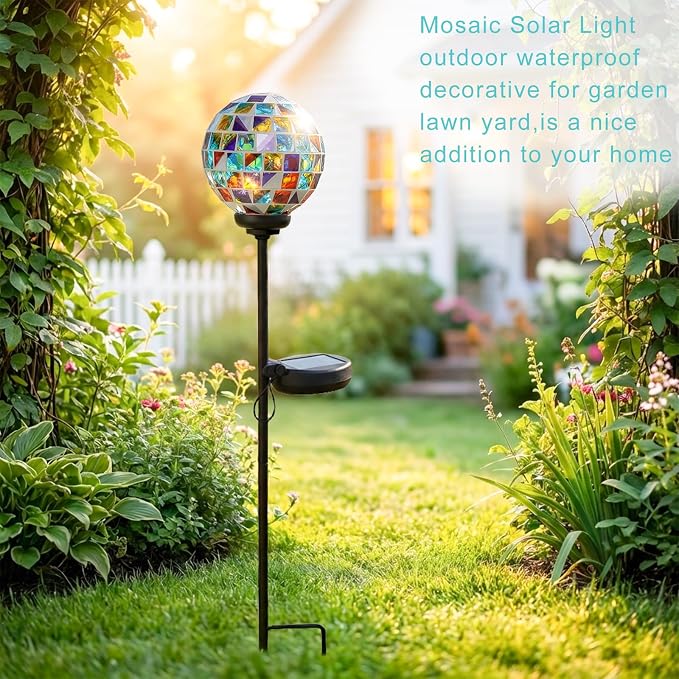 VCUTEKA Decorative Solar Garden Lights, 3.5" Mosaic Globe Outdoor Stake | Mosaic Glass Globe Design, Solar LED Light, Waterproof Design, Auto On/Off and Metal Stake Design for Lawn and Patio