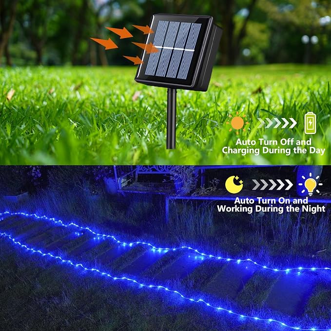 YEGUO Solar Rope Lights Outdoor Waterproof, 2 Packs Each 33ft 100 LED String Lights, 8 Modes Fairy Lights in Clear Thin Tube for Camping Fence Patio Garden Trampoline Deck(Blue)