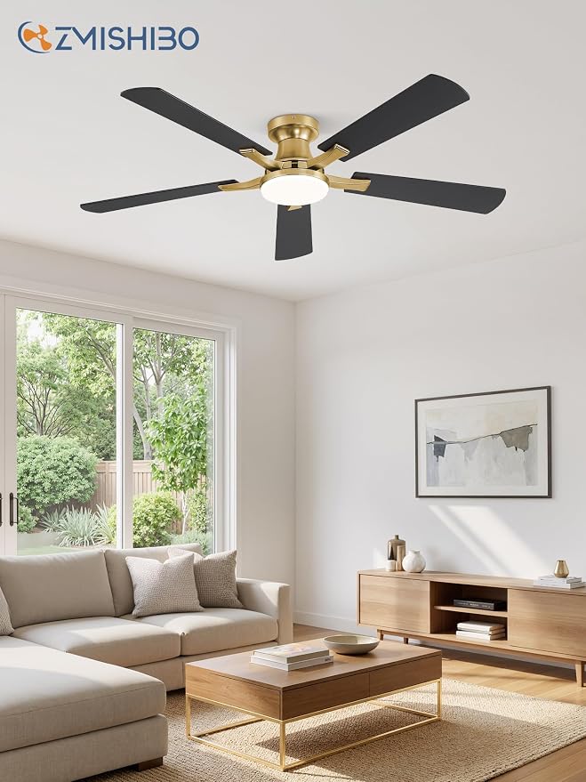ZMISHIBO 52 Inch Ceiling Fans with Lights, Remote&App Control, Flush Mount | Low Profile, Dimmable 20W LED Light, Quiet Reversible Motor, Strong Airflow, Easy Install for Bedroom/Living Room/Apt, Gold