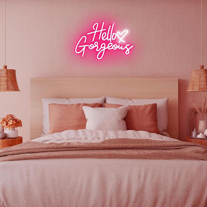 Hello Gorgeous Neon Signs for Wall Decor with Heart, Pink Gorgeous LED Sign Lights for Bedroom Dorm Home Salon Wedding Party, Cute Makeup Dressing Beauty Room Decor, Preppy Girls Woman Cave