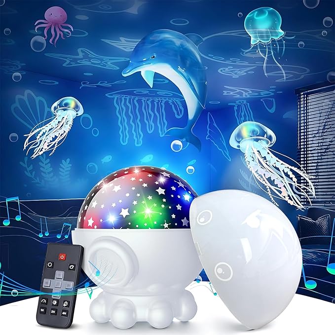 Cute Octopus Night Light Projector,17 Light Modes Ocean Star Projector with 360° Rotation, 3 Projection Films and 9 Lullaby Songs,Night Lamp with Remote and Timer, Gifts for Family and Friends (White)