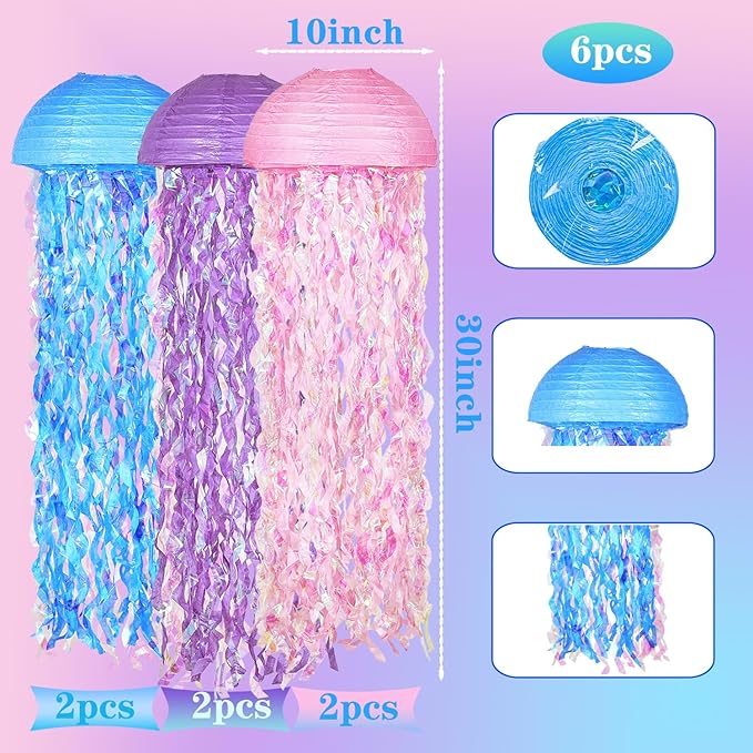 10" Mermaid Jellyfish Lanterns – Pink Purple Blue Decorations for Ocean Princess Birthday Party, Under the Sea Theme, Baby Shower, Ocean & Beach Room Hanging Decor (Set of 6)