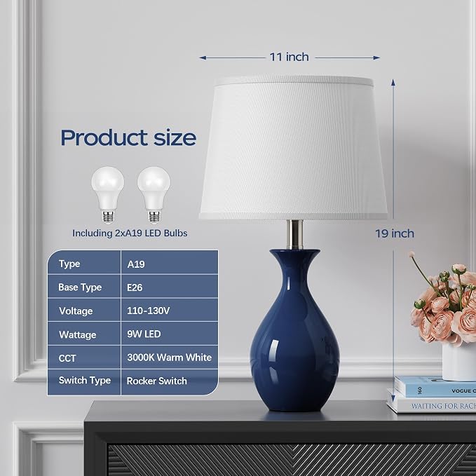 Table Lamp Set of 2, Modern Ceramic Bedside Lamps for Night Stands, Classic Small Lamp Nightstand Lamp for Bedroom Living Room Desk End Table Rocker Navy Blue
