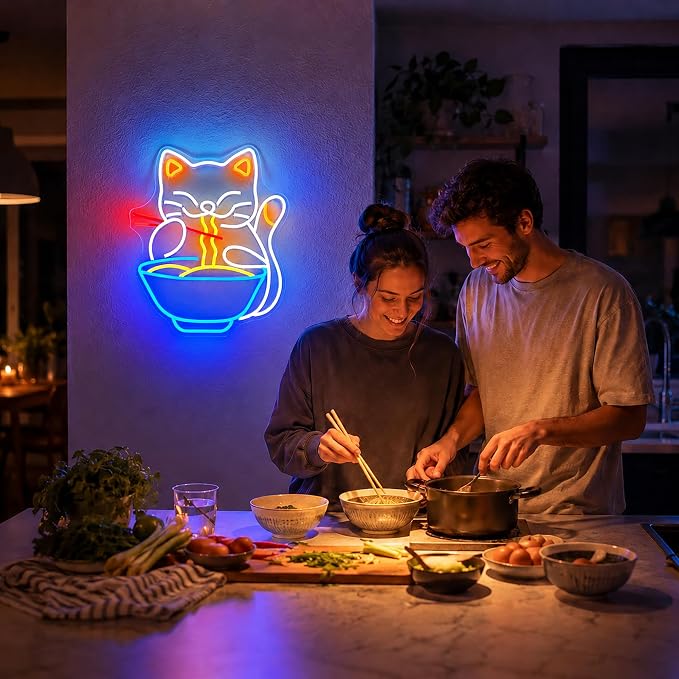 Neon Sign, Ramen Cat Neon Signs for Wall Decor LED Signs Neon Light | Cat Ramen Neon Sign, Dimmable Cat Noodle LED Sign for Bedroom, Kids Room, Restaurant, Kitchen, Home Decor, Gift, USB Powered